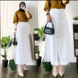 ROK JEANS KANCING DEPAN FULL WANITA // ROK JEANS RAWIS & LIPAT Panjang Karet Stretch Samping