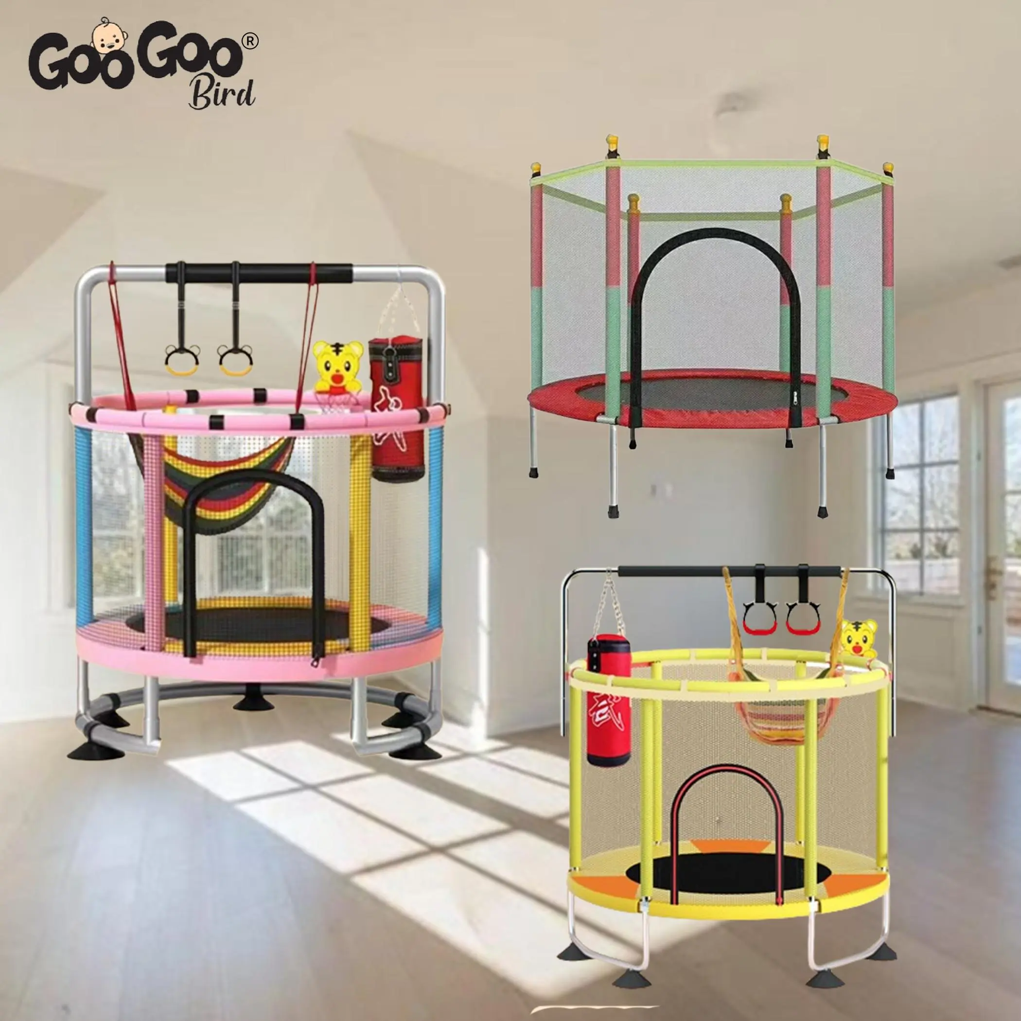 GooGoo Bird Trampoline Jumper Indoor Outdoor Children Bouncer Jumping Bed With Safety Fence Trampoline Kids Sport Equipment Fitness Steel Family