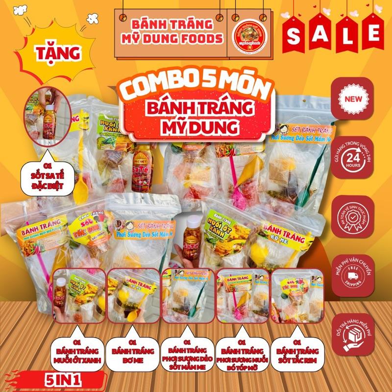  MÃ LẺ 01 -095 Set 5 Món Bánh Tráng Mỹ Dung Bánh Tráng Bơ Me Muối Ớt Xanh Tắc Rim Phơi Sương Dẻo Sốt Mắm Me Phơi Sương Muối Béo Tóp Mỡ- Tặng một sa tế đặc biệt 