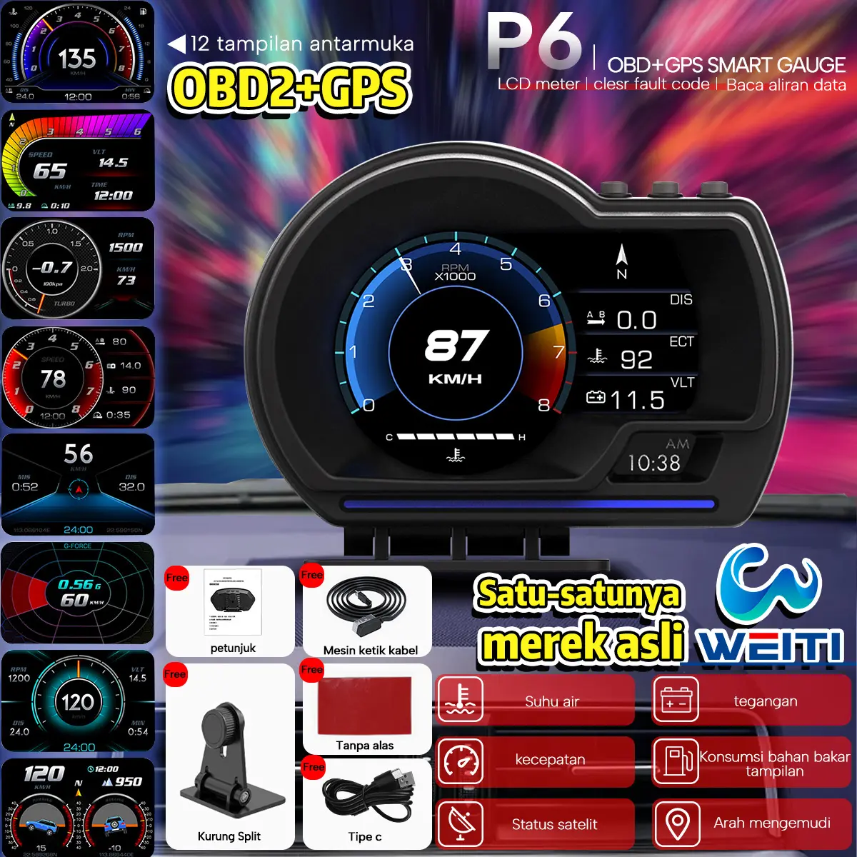 P6PRO+ OBD2 GPS HUD Dual System Car Head up Display Digital Speedometer dengan Uji Rem Akselerasi Hapus Kode Kesalahan COD Pemeriksaan suhu air
