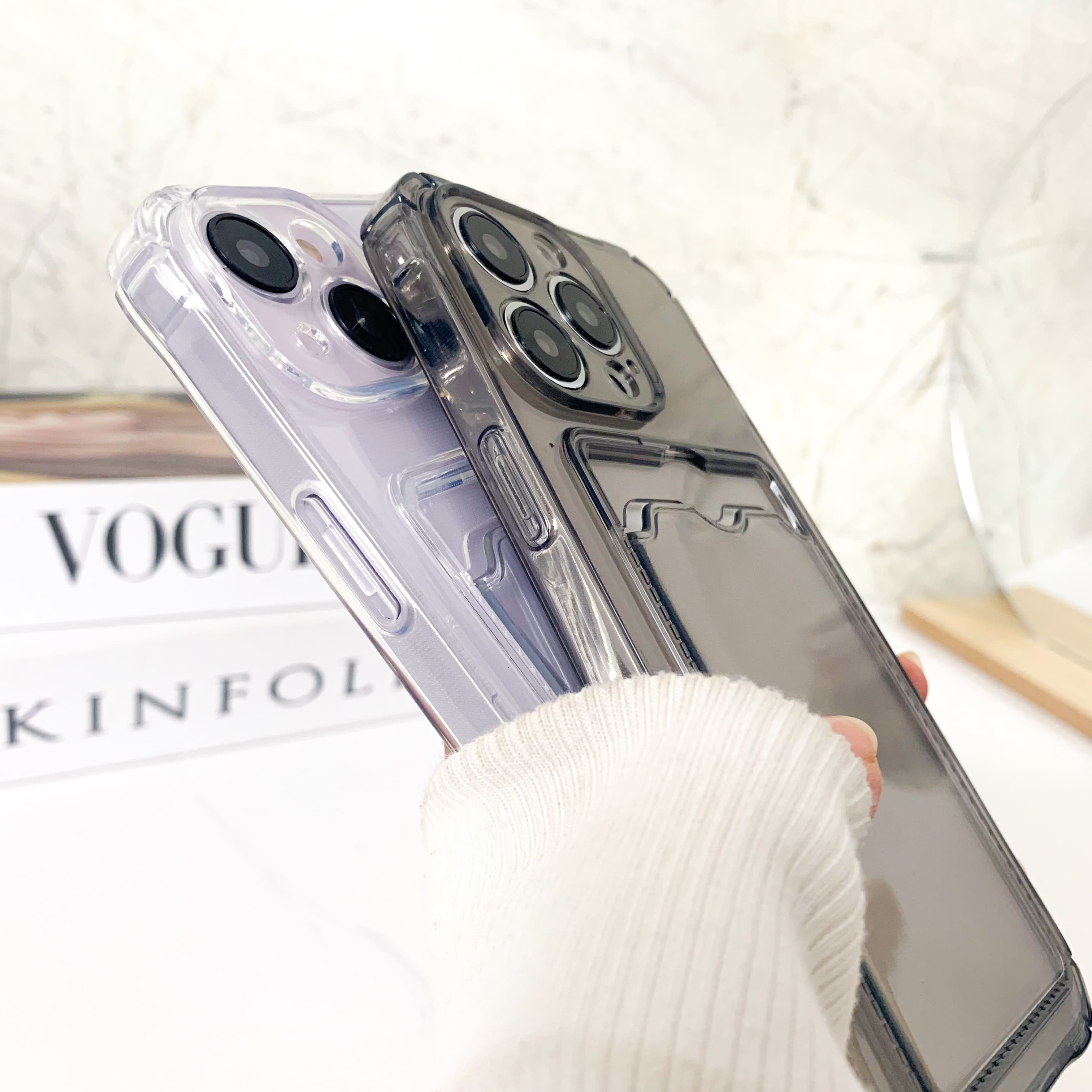 【SatSet.ind】 Transparent Card Case Slot Holder - Soft Case Fullcover for IP  7 8 7+ 8+ X XS XR XSMAX 11 12 13 MINI PRO PROMAX 14 14PLUS 14PRO 14PROMAX 15 black case pink purple Cover Casing Silicon Softcase