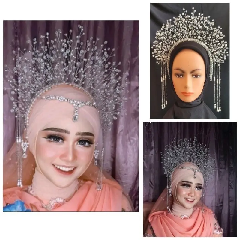 Mahkota wedding juntai mutiara crown, Cristal mewah hiasan hijab rambut pengantin Perempuan