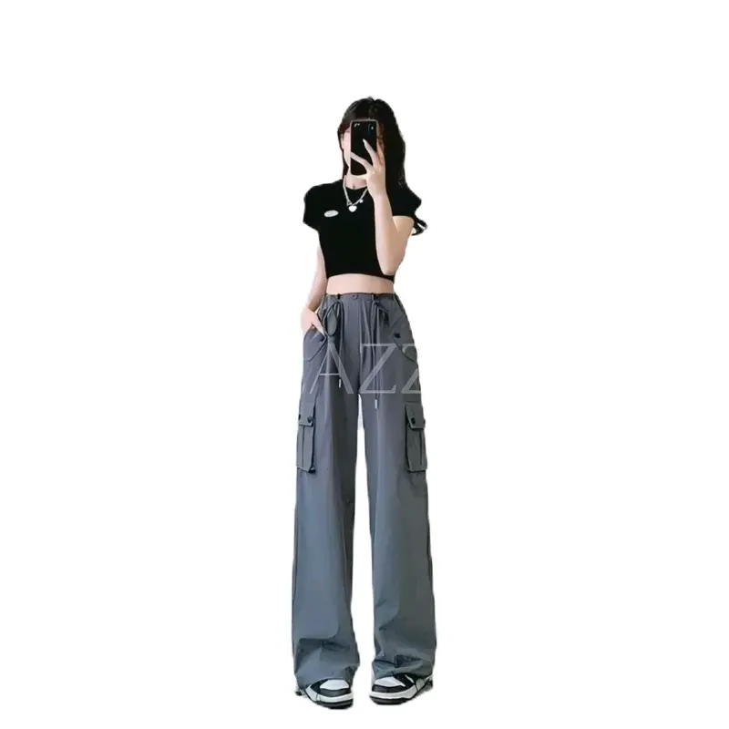 Celana Cargo Joger Wanita Model Korean Style Varian Tali Serut Highwaist Loose Kualitas Premium - Kulot, Panjang Karet Nyaman Formal Casual Samping Soft 1