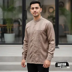 NATAYA Baju Koko Pria-Kemeja Koko Motif Polos Eksklusif Warna Coklat Bahan Toyobo Original M L XL
