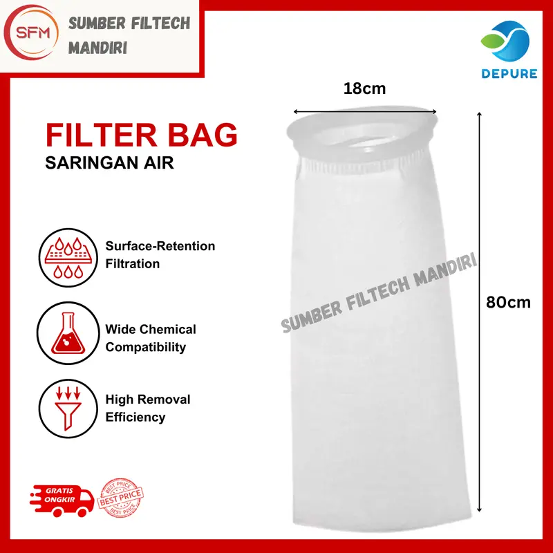 Depure Filter Bag Saringan Air Polyester (PE)  1, 5,10, 25, 50, 100, 150 Micron (7" x 32") (Saringan Toren) 0
