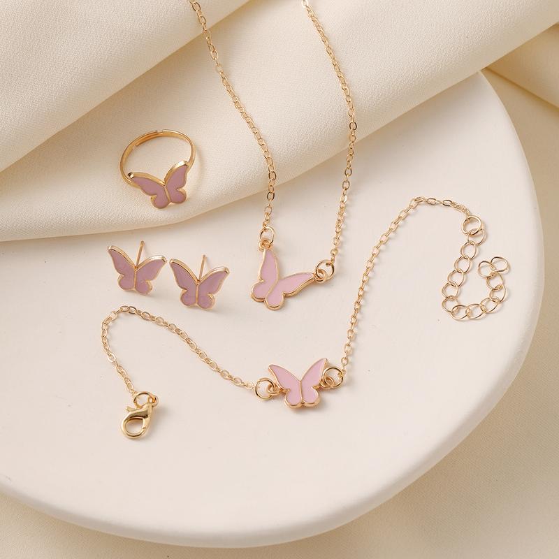 Bộ Vòng Cổ Bướm, Bộ 4 Món, Vòng Tay / Đường Viền Cổ Áo / Hoa Tai / Nhẫn Thời Trang Dễ Phối Đồ Thanh Lịch Cao Cấp, Thích Hợp Làm Quà Tặng Bạn Thân 3