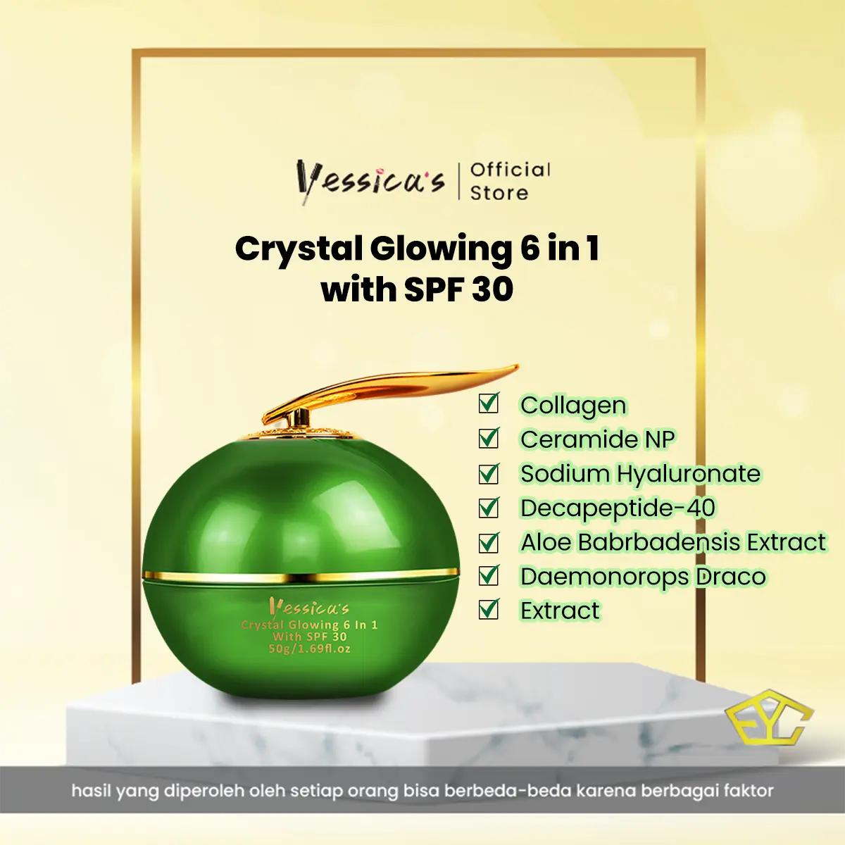 FYC - Yessica's 6IN1 Crystal Glowing Cream With SPF 30 - Collagen, Ceramide, Aloe Extract, Sodium DNA, Niacinamide - Anti Aging - Shooting - Whitening Spot - 50g