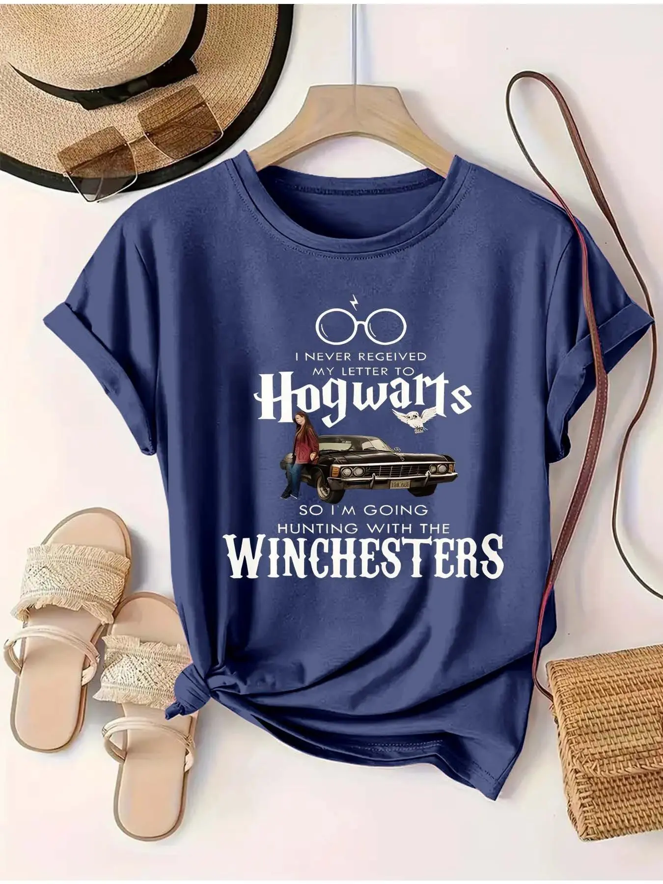 【Plus Size】 Letter & Harry Potter Print Round Neck Tee, Casual Short Sleeve Crew Neck T-shirt for Daily Wear, Women Plus Clothing for All Seasons, Top