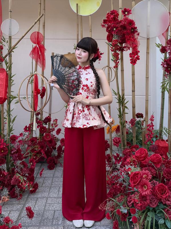 Set áo yếm gấm phối hoa kèm nơ cổ quần lưng chun Ảnh thật/sẵn