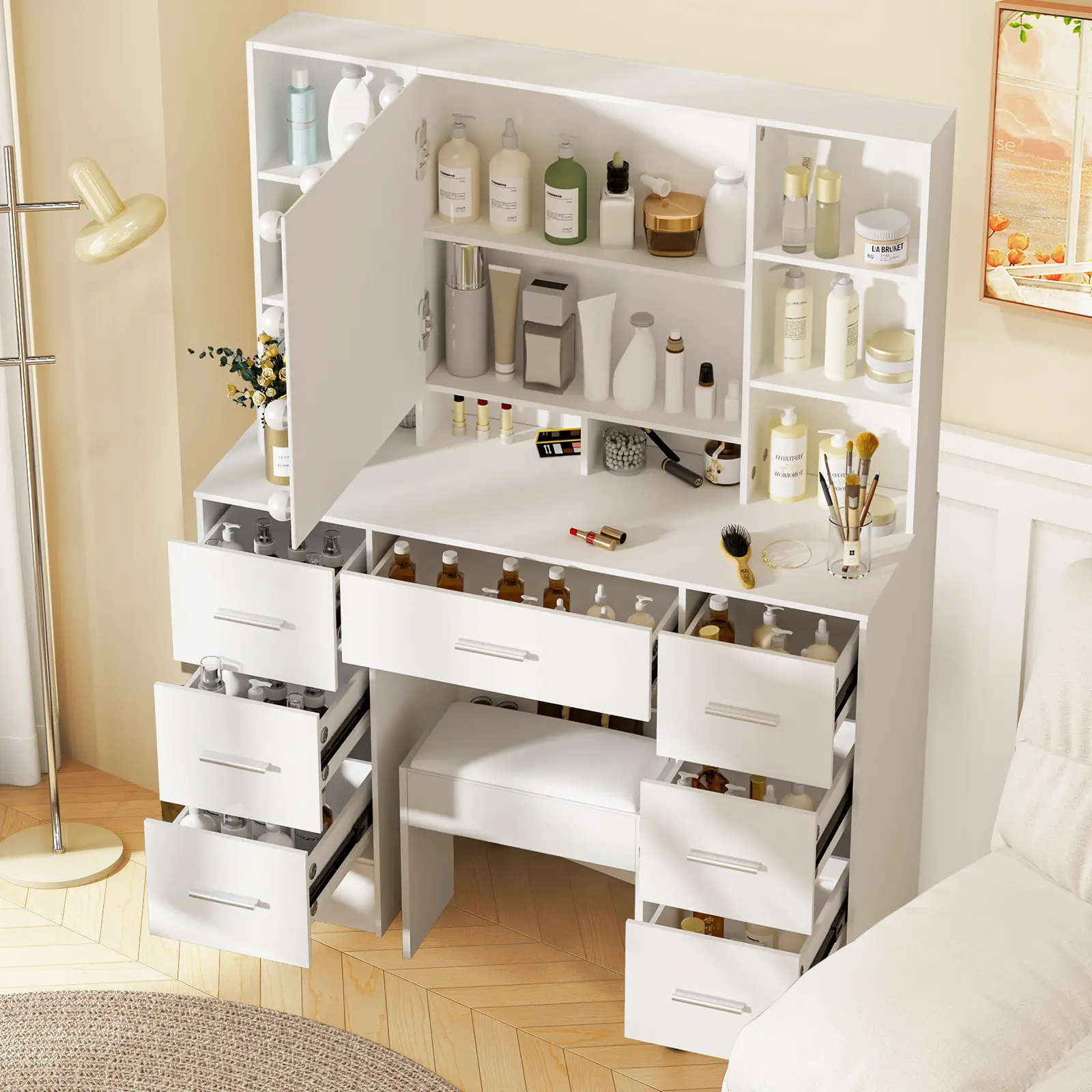 Modern Dressing Table with Mirror & 10 LED Lights and Stool , Wide Vanity Table Makeup Desk with 7 Drawers, White, Soft Stool Included Dresser Bedroom