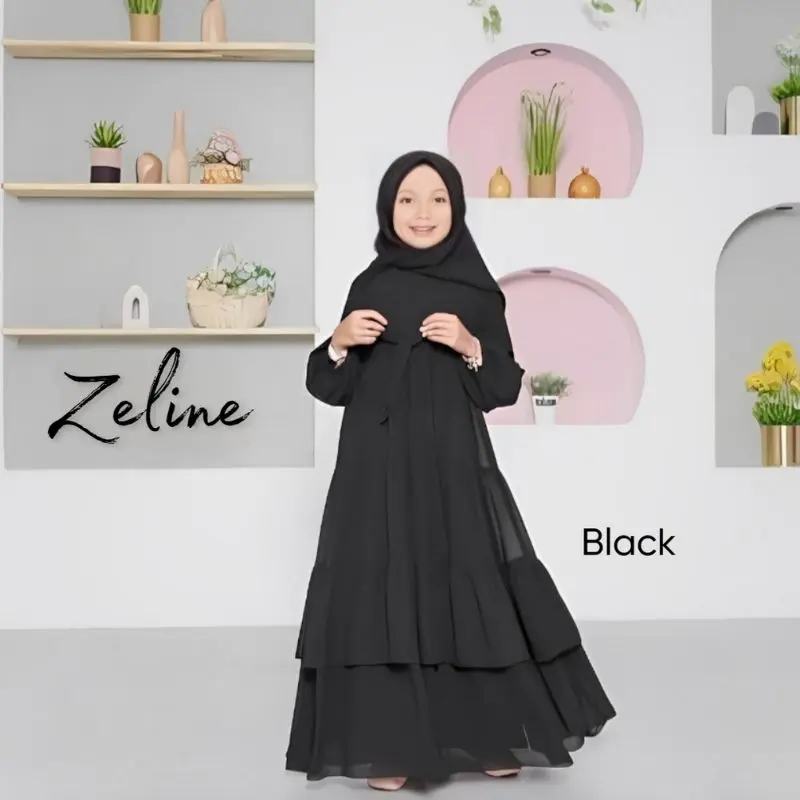 gamis anak terbaru 2025  perempuan untuk usia 11-14 tahun kids set dress plus pasmina zeline 2