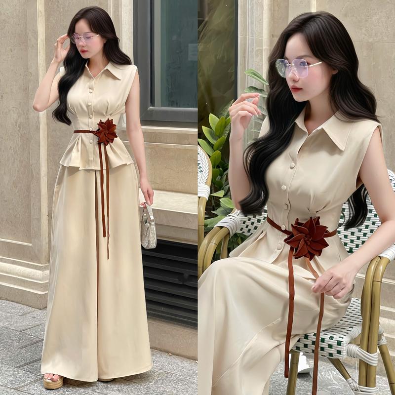 (Quần dài 105cm)- Set bộ nữ thiết kế EMME T3203 - 2 món gồm sơ mi form ôm chiết eo phối quần dáng dài ống rộng giả váy ( kèm tag hoa ) - THANH TỰ