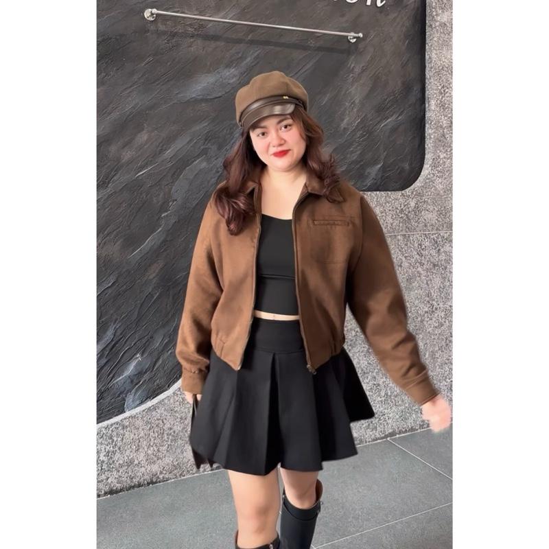 812 BIGGSIZE Áo khoác da lộn nữ dài tay cổ bẻ tạo kiểu bo chun sau