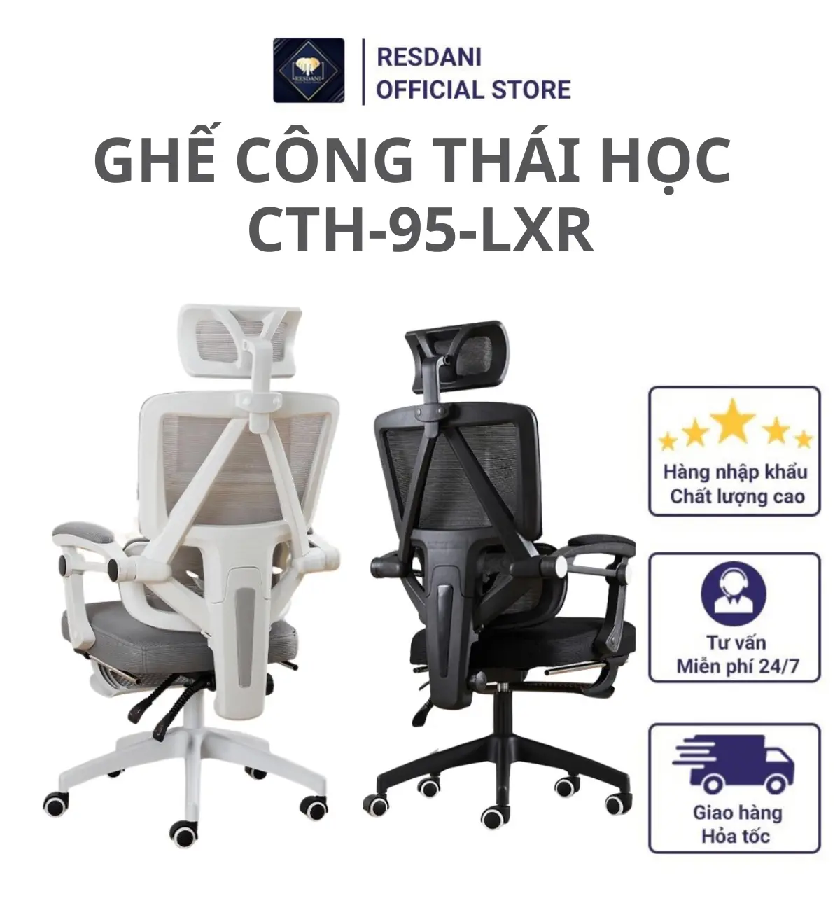 Ghế Công Thái Học RESDANI ,Hỗ Trợ Cột Sống Nâng Hạ Ngả Lưng Tiện ích Ngả Lưng Lên Đến 125 độ Gác Chân Tiện Lợi ghế gaming decor