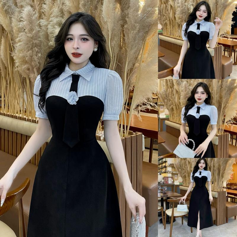 CE10 - Váy Thiết Kế Evii dành cho nữ, Đầm thiết kế cổ đức phối tơ kẻ (tặng kèm cavat) dáng A dài xẻ trước phù hợp đi làm, đi chơi và đi dự tiệc. Có Bigsize Women Dress