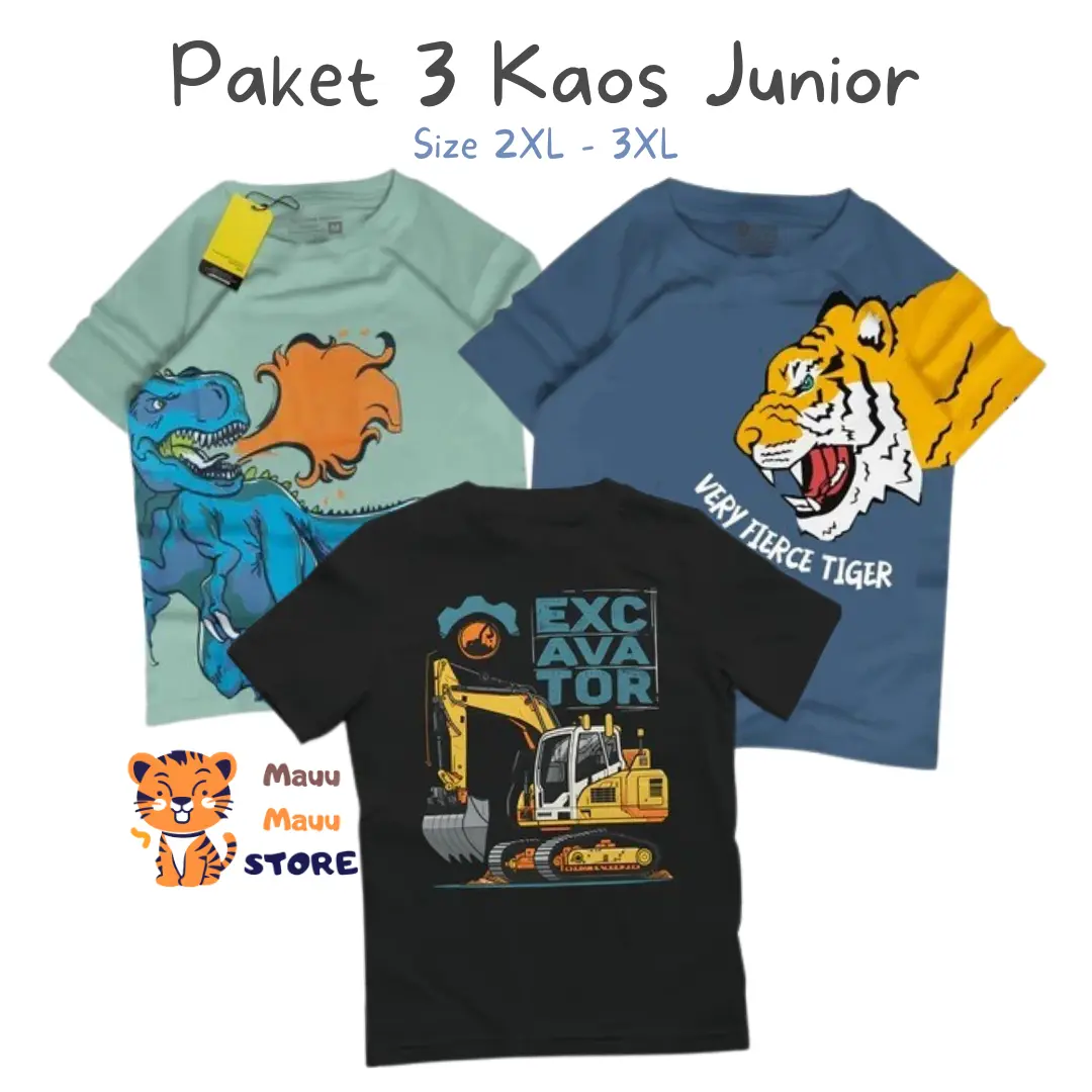 PAKET 3 PCS KAOS ANAK  JUNIOR PREMIUM ANAK LAKI LAKI DAN PEREMPUAN  SIZE 2XL - 3XL  SATUAN MOTIF LUCU MENARIK MURAH