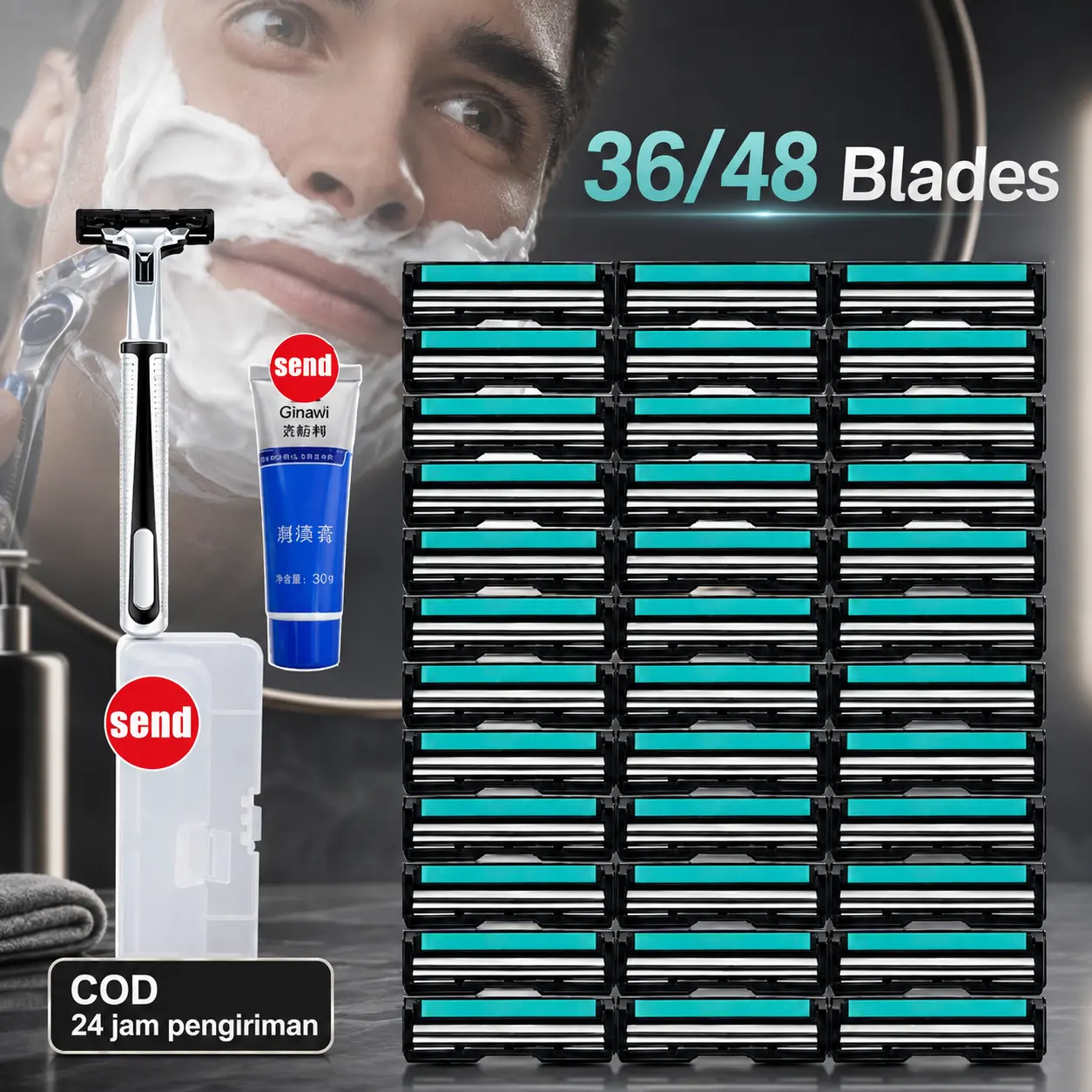 Pisau Cukur Manual 36 48 Pcs Silet Cukur 2 Lapisan Universal untuk Kumis Jenggot dan Bulu Wajah Dilengkapi Krim Cukur untuk Perawatan Pria Harian
