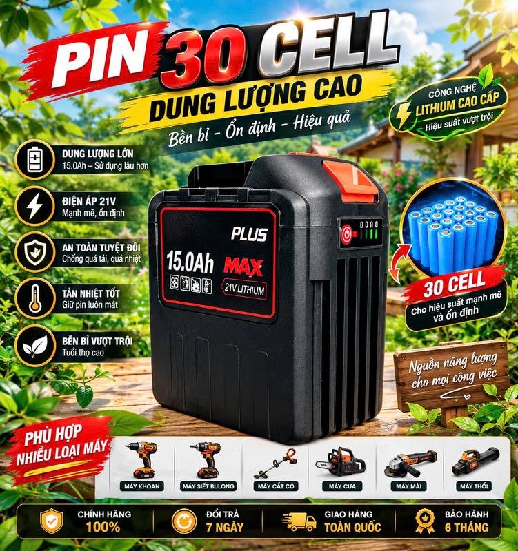 ( Lẻ Pin 30 Cell Không Sạc ) Pin 30 Cell 15Ah Dung Lượng Cao, Chân Phổ Thông 4cm, Có Đèn Báo