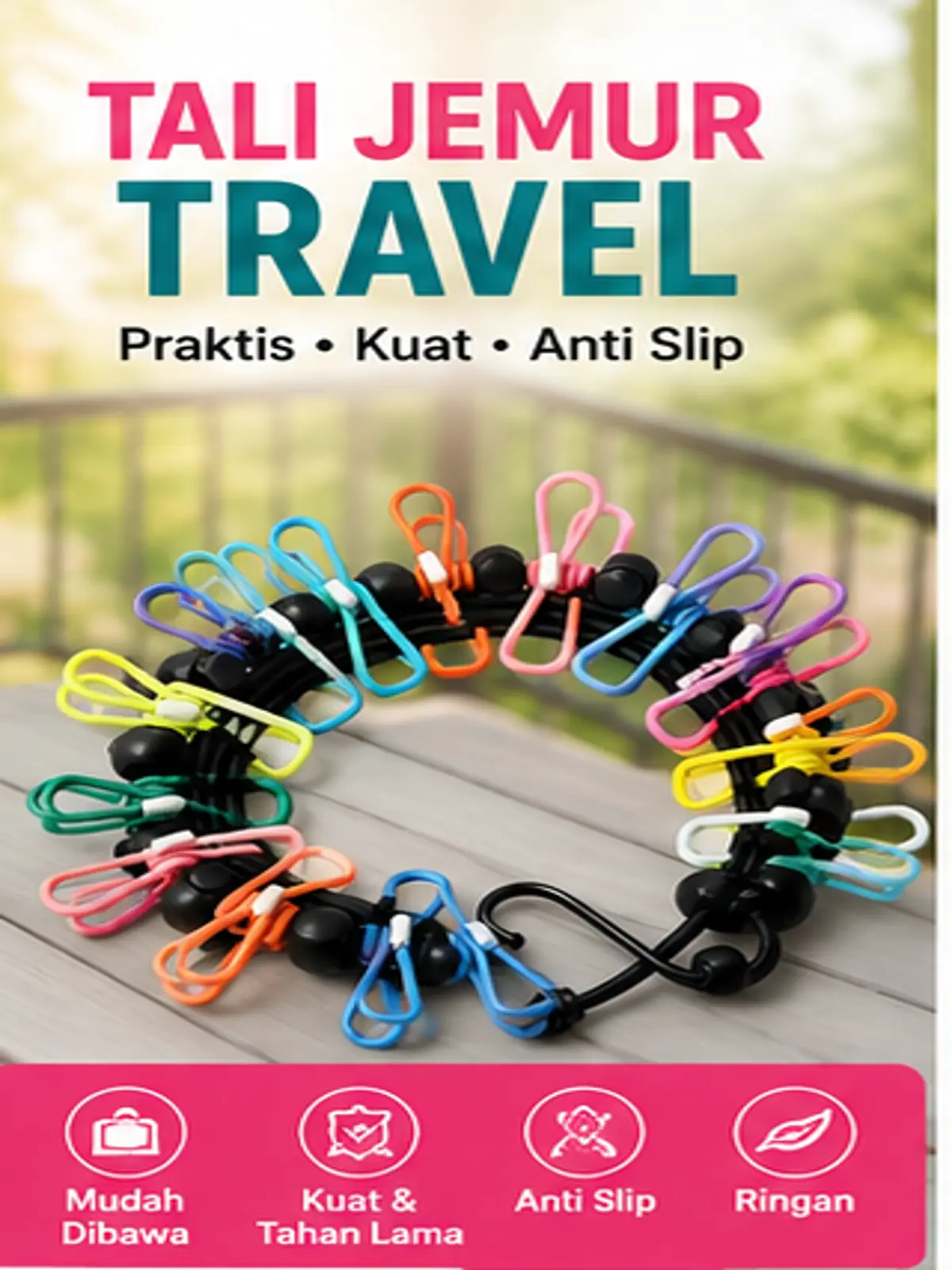 Tali penjemur portable bahan nilon kokoh anti selip, dapat gantung banyak pakaian sekal us. Pengait fleksibel mudah dipasang, ringan mudah d ulung simpan. Cocok hotel, camping dan bepergian, tahan air tahan sinar matahari. - 1p