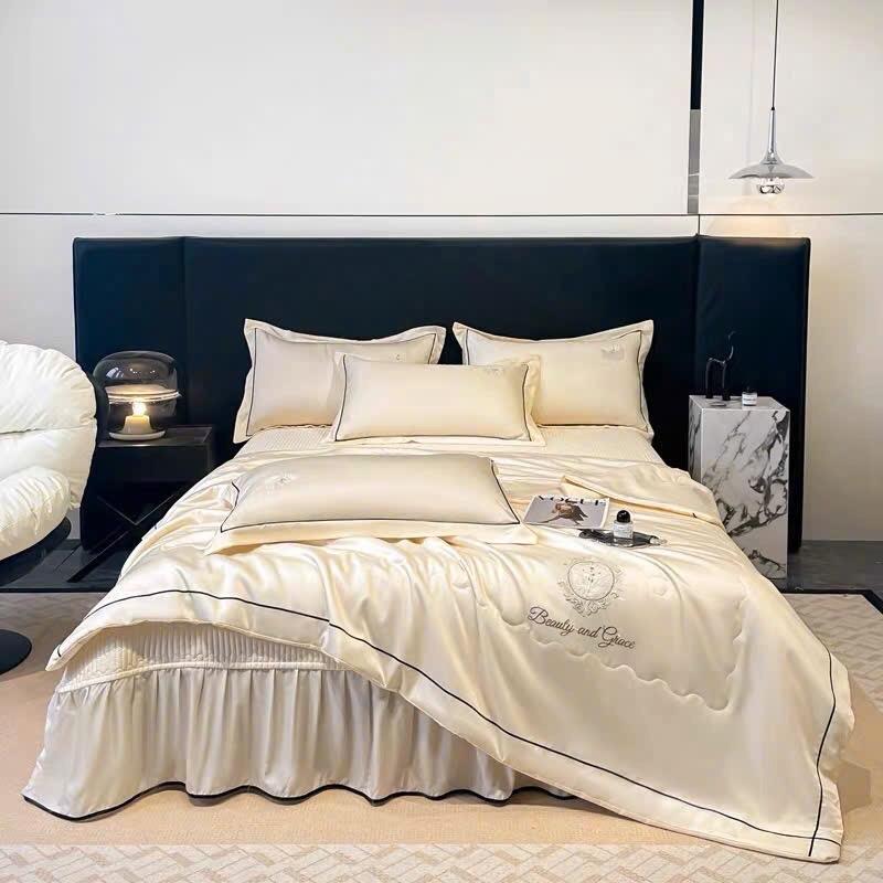 Bộ chăn ga gối phi lụa mềm mịn chăn trần bông hè thu, ga phủ trần bông viền bèo và 2 vỏ gối thiết kế sang trọng hiện đại