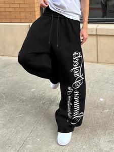 メンズカジュアルスポーツロングパンツ、レターパターンプリントスウェットパンツ、ドローストリングワイドレッグルーズフィット、オールシーズン対応メンズウェア
