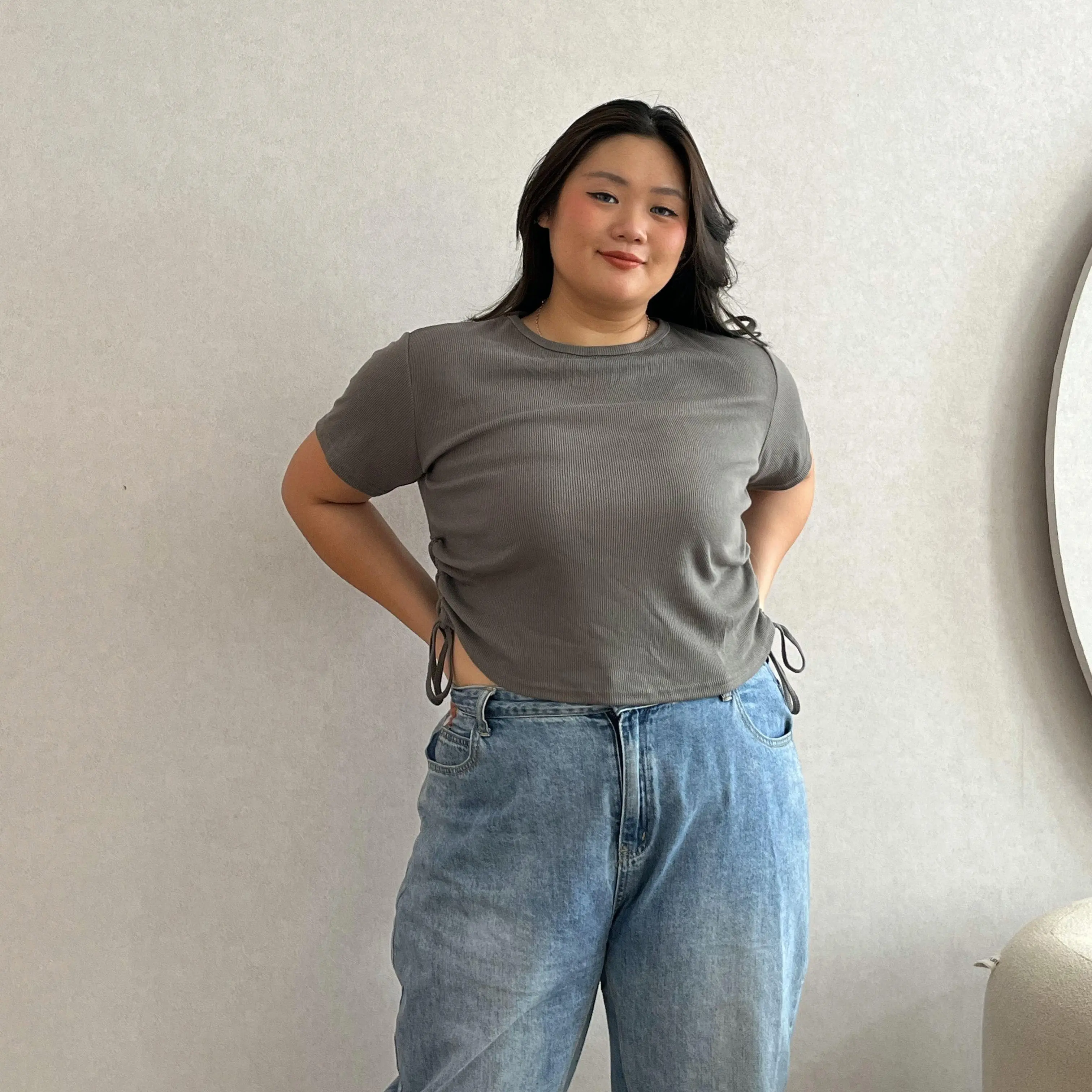 CECIL BIG SIZE Baju Atasan Wanita - Crop Top Basic - Kaos Rib Polos - Knit Top Tali Serut - Atasan Casual Wanita - Atasan Crop Rajut Serut Samping