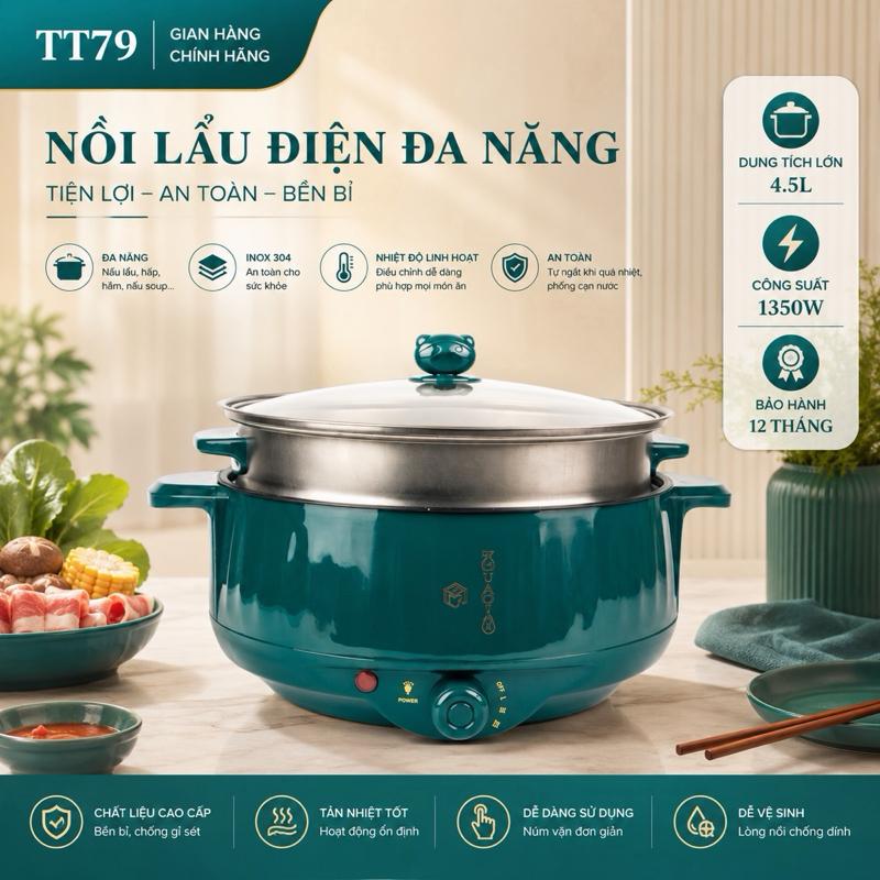 (Loại 1) Nồi Lẩu Điện Đa Năng 28cm - Nồi Điện Nấu Ăn Tặng kèm vỉ hấp inoxx