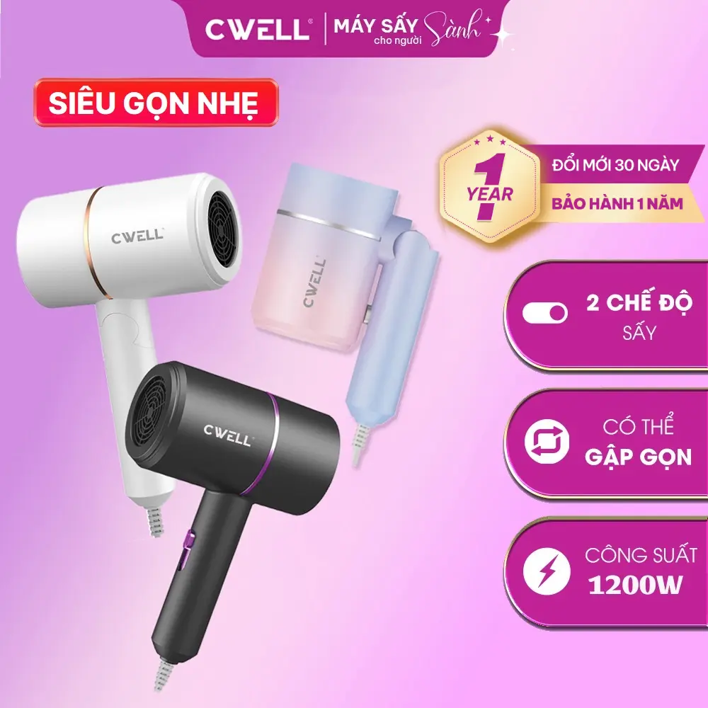 Máy sấy tóc du lịch mini gập gọn CWELL với công nghệ ánh sáng xanh hạn chế hư tóc, công suất 1200W sấy 2 chiều nóng và lạnh, trọng lượng siêu nhẹ cho nam và Nữ C01HD Women - BH 12 THÁNG