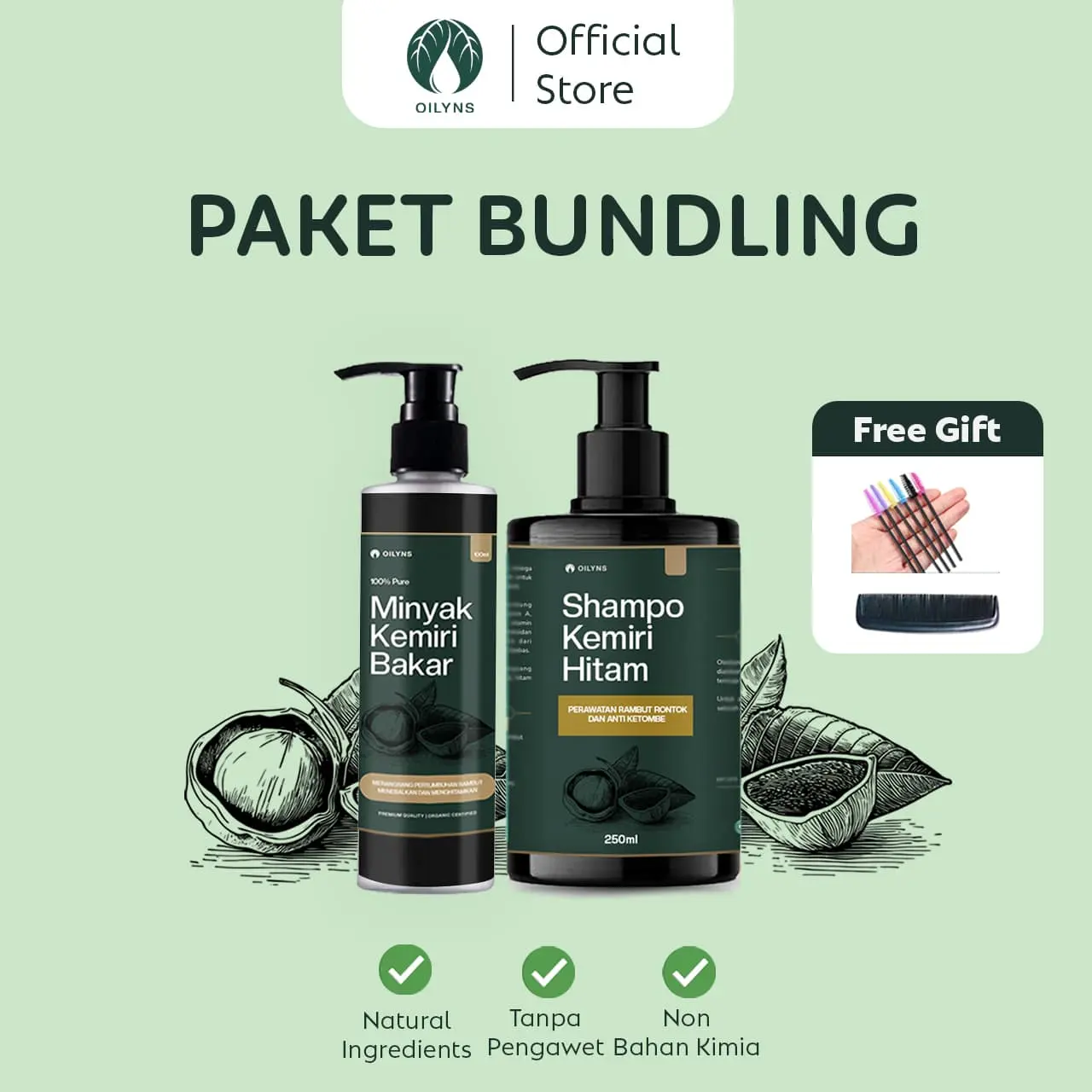 [PAKET BUNDLING] Minyak Kemiri Bakar & Shampo Kemiri Hitam 250ml - Melebatkan, Menghitamkan, Menebalkan Rambut, Mengatasi Rontok & Ketombe, Haircare