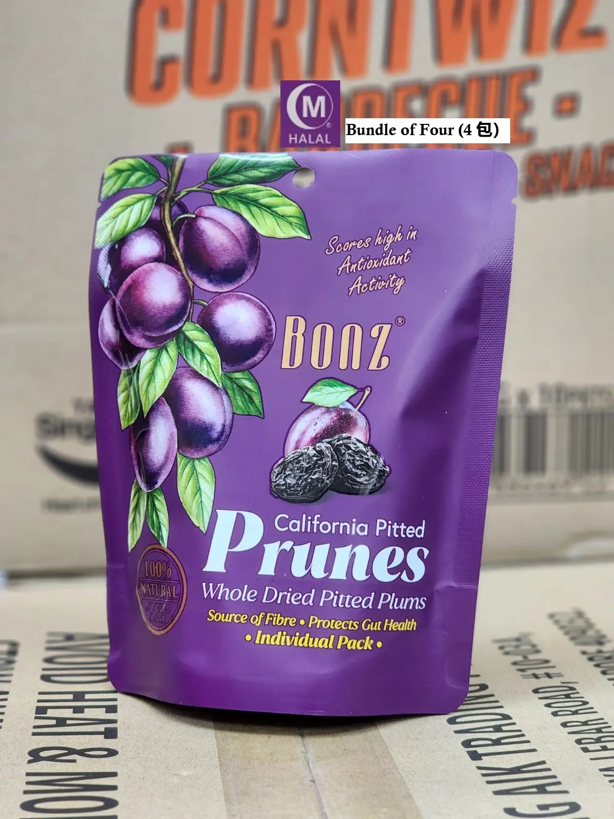 Bonz California Pitted Prunes {Whole Dried Pitted Plums} [Bundle of Four] snack dessert 60g x 4 packs {Halal} - Dry Fruit Snack Natural