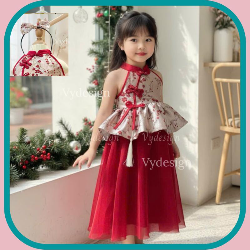 ÁO+CHÂN VÁY+PHỤ KIỆN Váy Tết Cho Bé Gái 6-22kg Yếm Gấm Tết Hoa Thêu