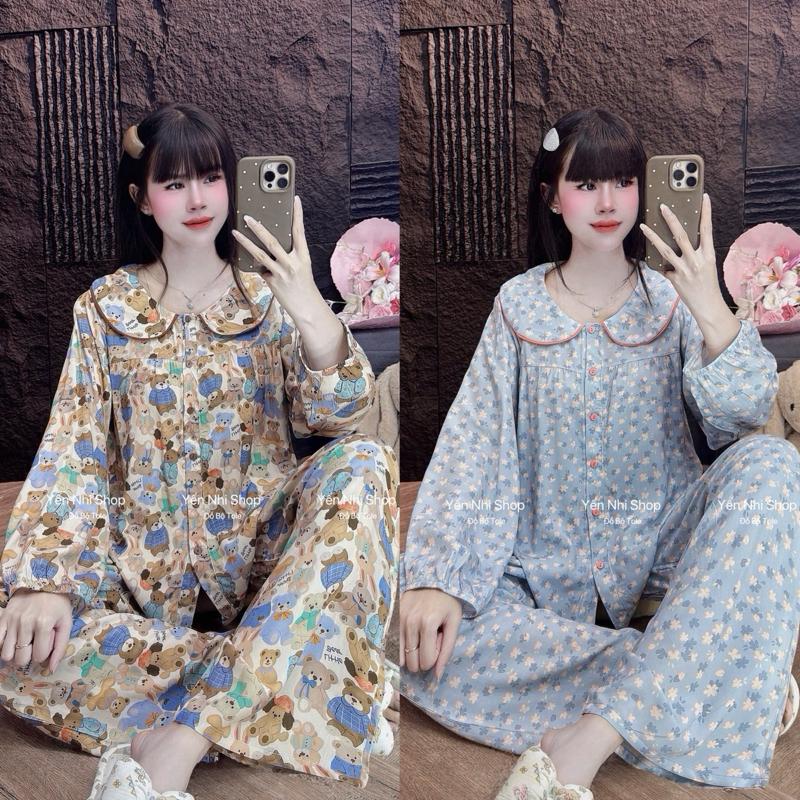 YN023 Đồ Bộ Tole Lanh Nữ L1 (40-85kg) Áo Cổ Sen Phối Ren Tay Dài Quần Dài Bộ Mặc Nhà Xinh