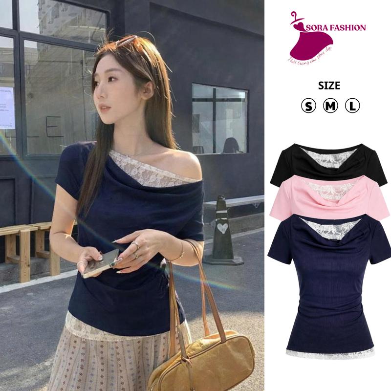   HÀNG HÈ XẢ KHO   Áo Kiểu Nữ Cổ Đổ Phối Ren Tiểu Thư Điệu Đà Sora Fashion Áo Thun Trễ Vai Chất Liệu Thun Tăm Thoáng Mát 218 