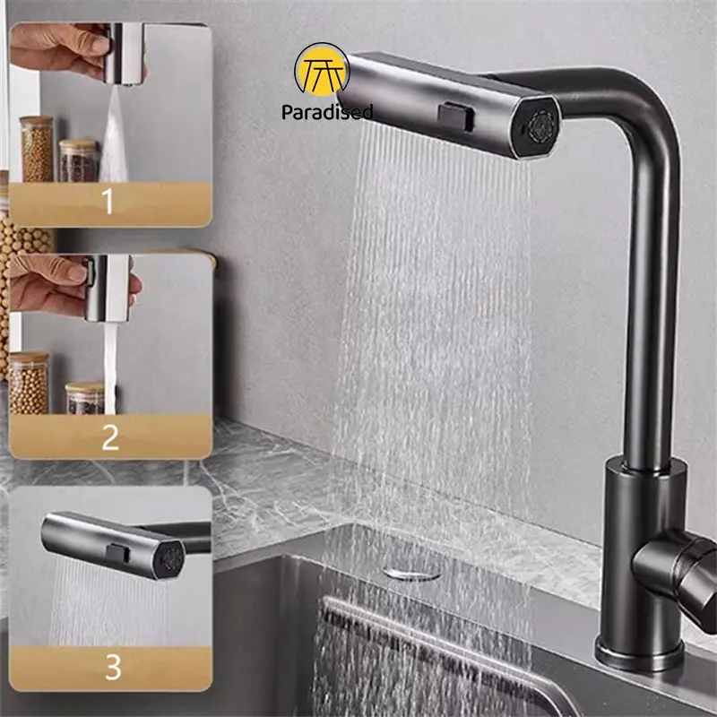 ✨ SUS 304 Keran Air Terjun 4 Mode Keran Wastafel Dapur Multifungsi Kran Sink Dapur 360 ° Rotasi Wastafel / Tembok Kran Angsa Fleksibel Paradised 0