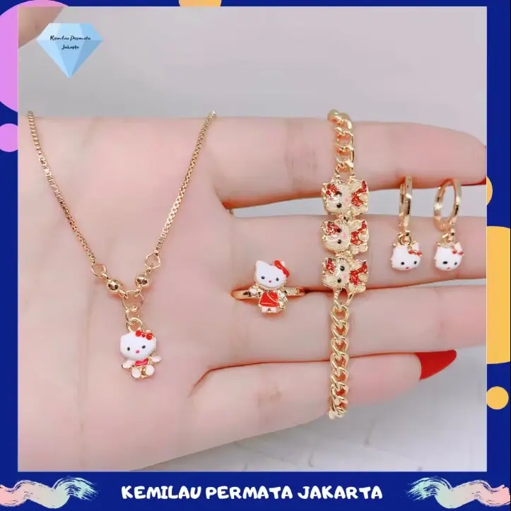 PERHIASAN SET ANAK PEREMPUAN MODEL HELLO KITTY ANTI KARAT/LUNTUR