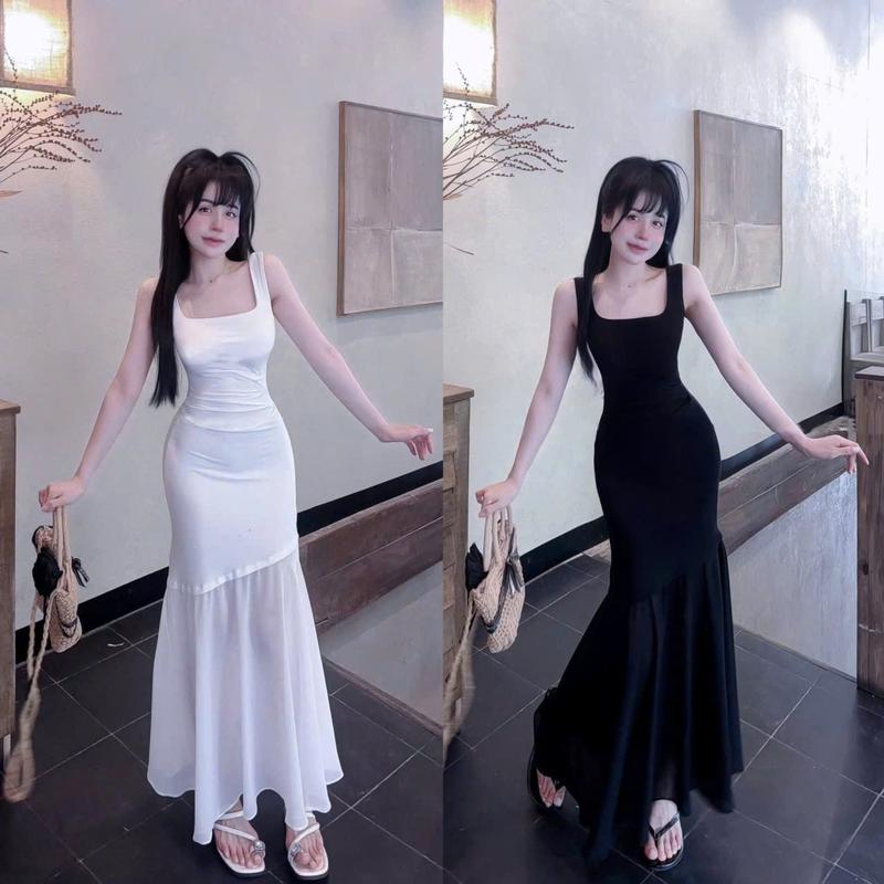 SM- Đầm body hai dây bảng to cổ vuông dáng dài phối lưới đuôi cá thanh lịch - chất thun ladong H632 Váy boby , váy body nữ tôn dáng , váy xinh , váy đi tiệc , váy đi biển