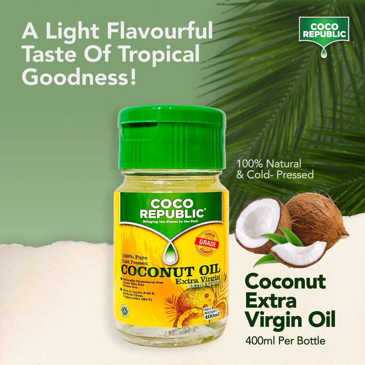 Coco Republic Extra Light Virgin Coconut Oil - 400ml x 2 Natural Flavor