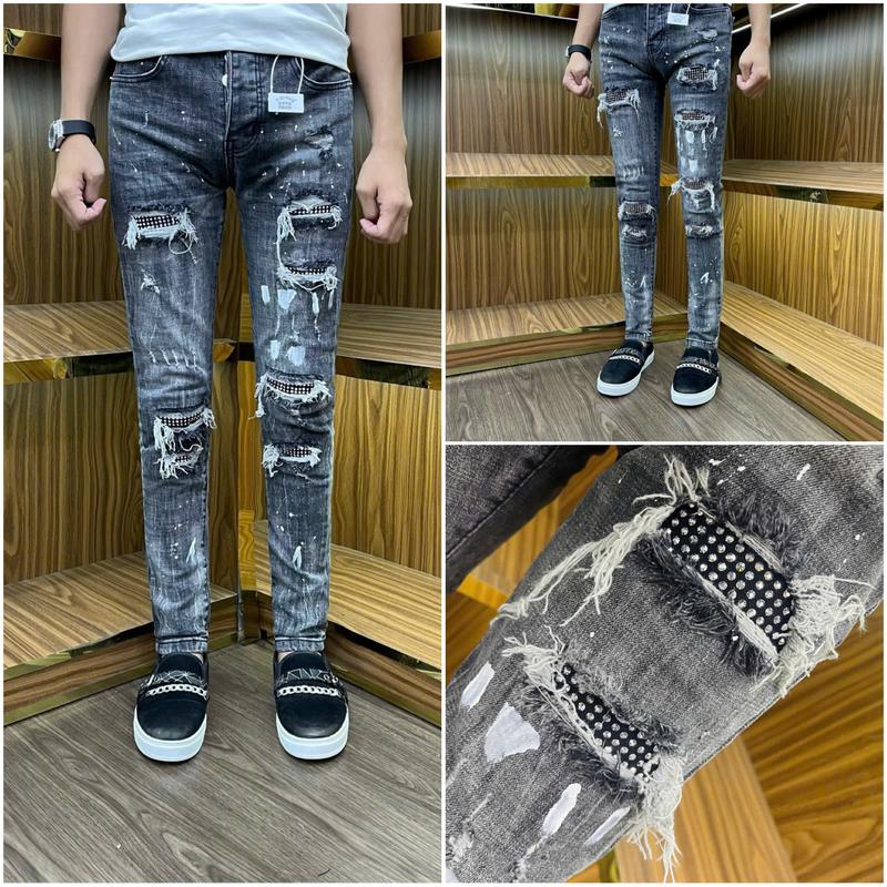 Q29 quần Jeans nam đen bạc trắng vảy sơn đá bốn cúc