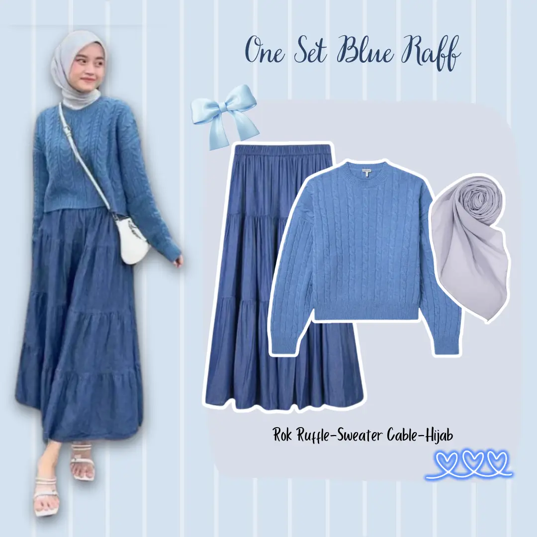 One Set Blue Raff 3in1 ( Sweater + Rok Raffle + Hijab ) Fashion Muslim Ootd Sample Casual Selebgram BC27
