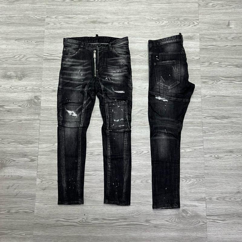 QUẦN JEAN NAM MÃ D2-05 ĐEN XÁM KHOÁ LỆCH DÁNG BIKER 4 CÚC BÒ DÀI CAO CẤP CO DÃN PHOM ÔM CHÂN DS-Q Có Túi