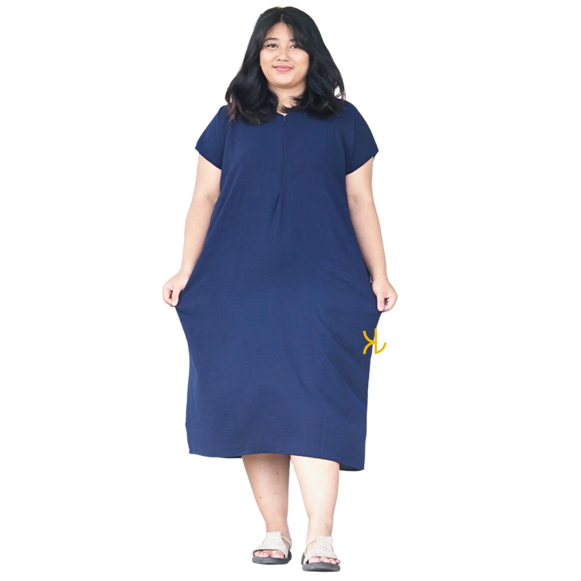Daster Polos Jumbo Ld 130 Kain Tebal Panjang 120 Busui Ressleting Depan BB 40-85kg Dress Wanita Casual
