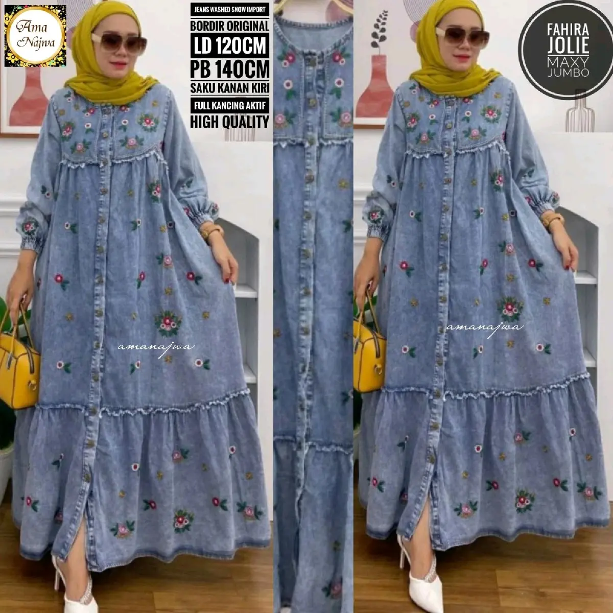 Gamis Jeans Wanita Super Jumbo Motif Bunga LD 120-140 Fit to XXL-XXXXL Dress Muslim Maxi