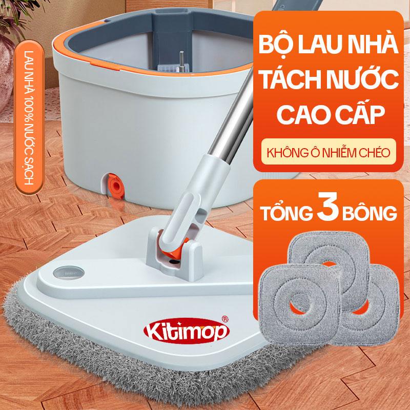  Bộ Cây Lau Nhà Tách Nước Bẩn KITIMOP PRO N08 Thùng Lau Nhà Tự Vắt Thông Minh Chổi Lau Nhà Xoay 360 Độ 3 Bông Lau 