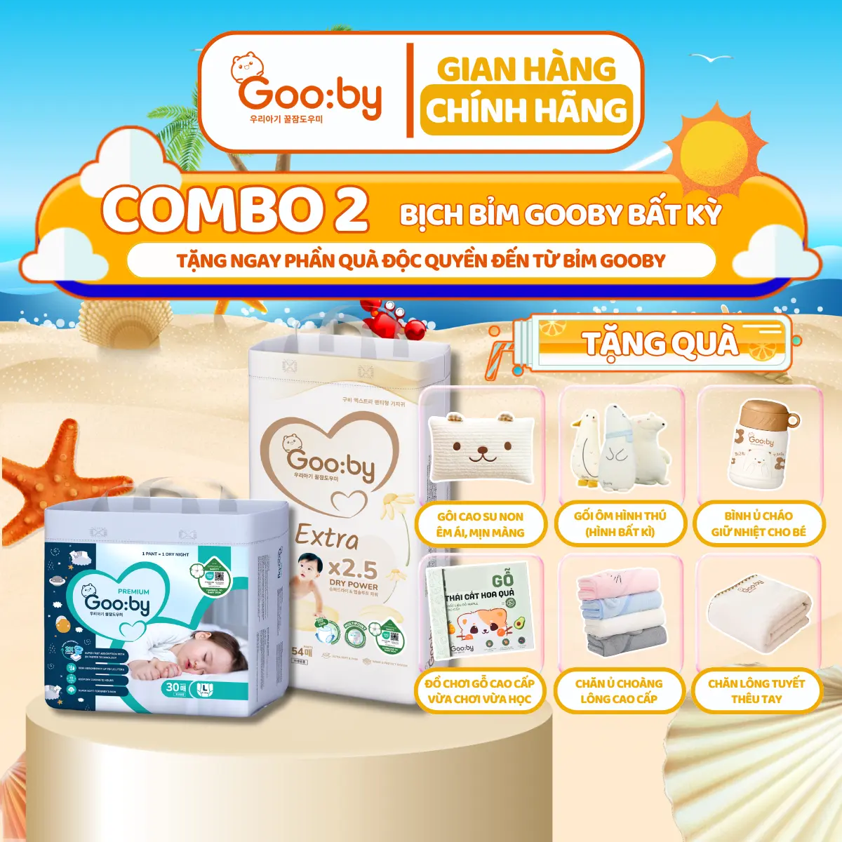 [Combo 2] Tã/bỉm Gooby Ngày/Đêm mềm mại, an toàn, siêu thấm hút size NB/S/M/L/XL/XXL/XXXL cho bé từ 4kg - 35kg + Quà tặng