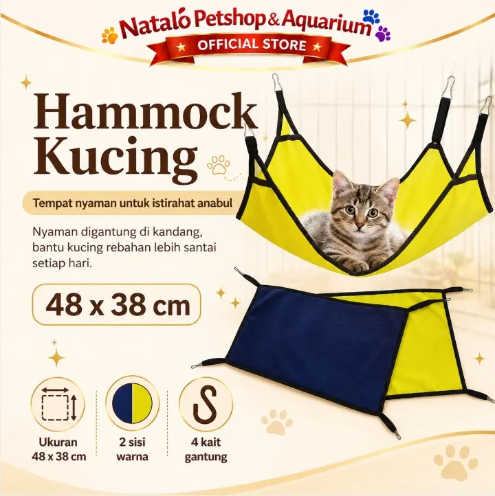 Hammock Kucing 48 x 38 cm - Tempat Tidur Ayunan Gantung Kucing di Kandang Rebahan Adult Cat Kitten Hamok Hammok Hamock Ayun Alas