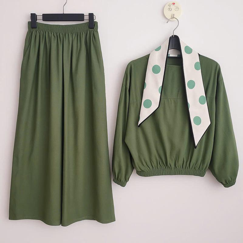    Tặng dải nơ  set  đũi nữ áo tay bồng - quần giả váy  chất mát  mặc thoải mái + tặng nơ chấm bị theo màu 