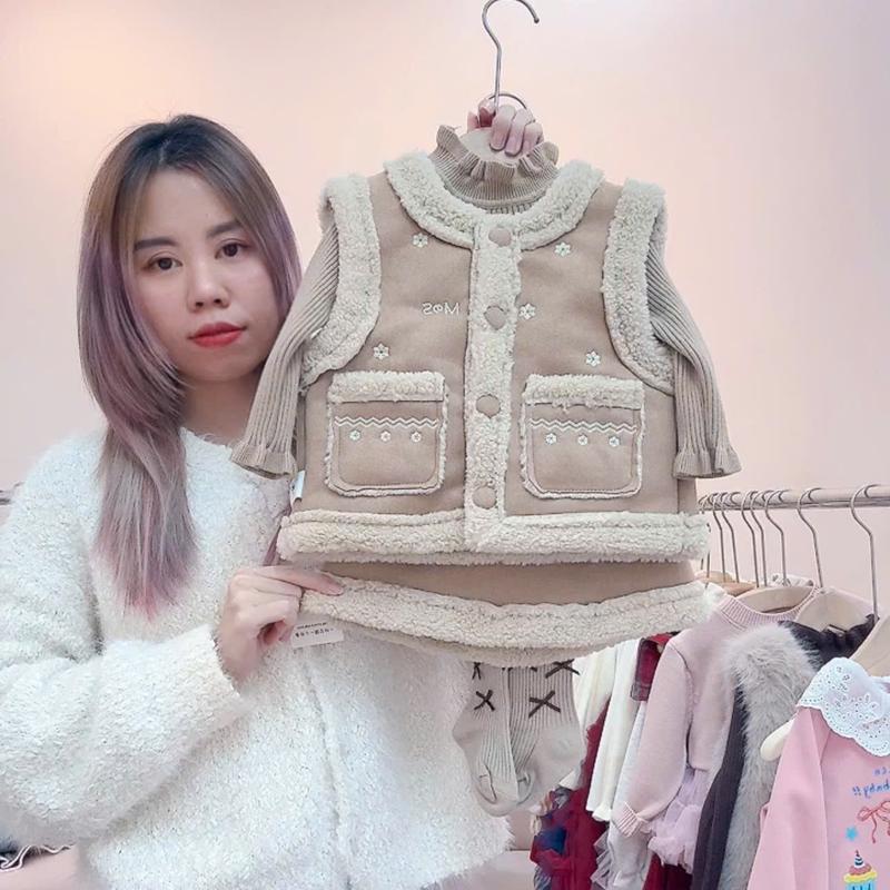   Tiểu Yến KID  S2105-Set gile da lộn cao cấp bé gái lót lông cừu 