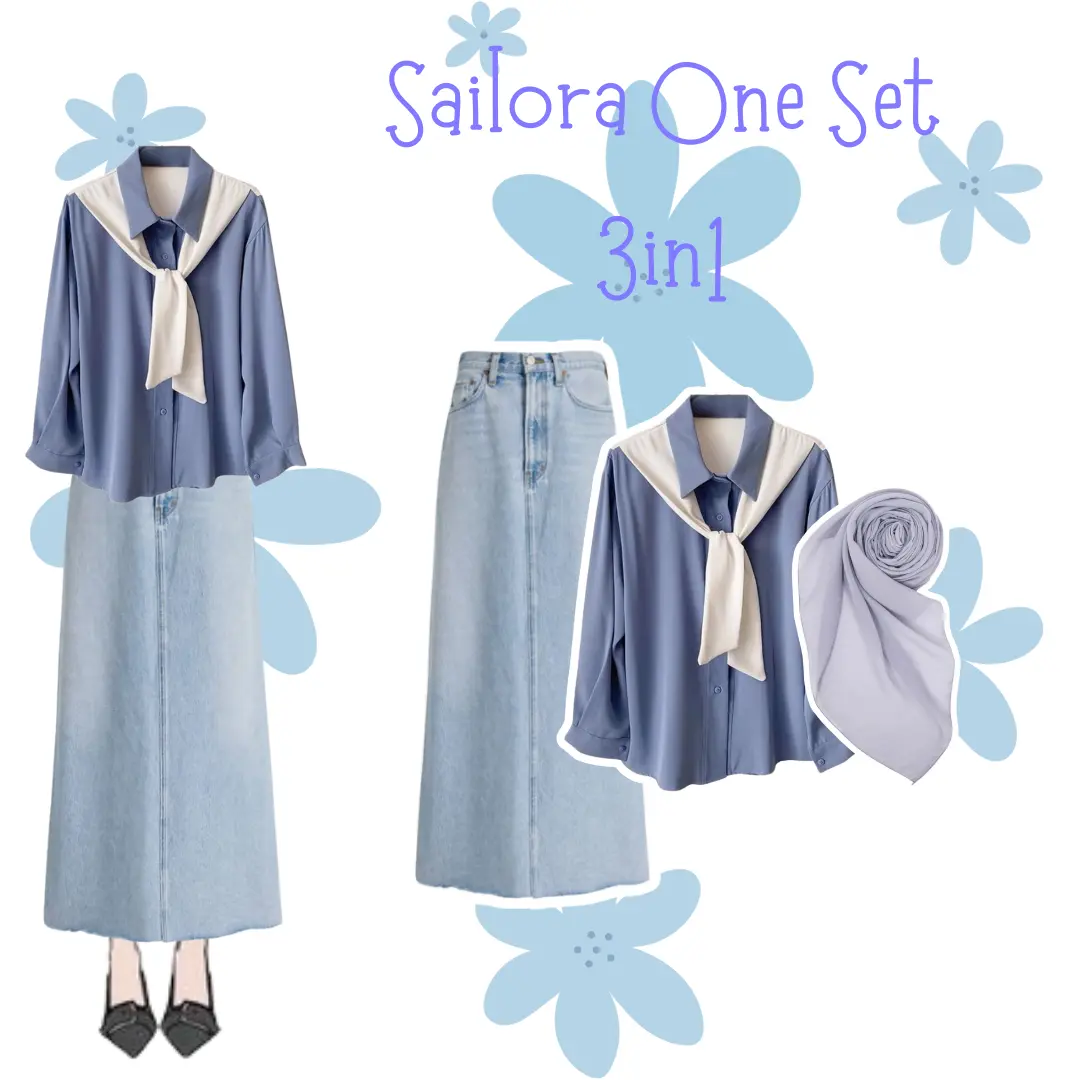 One Set Sailora 3in1 (Rok Jeans+Hijab+Blouse) Setelan Remaja Kekinian Outfit Bukber BC70
