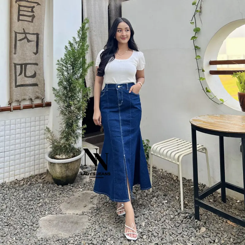NN -  Mermaid Maxi Skirt Rok Duyung Wanita Casual Jeans Kancing Karet Belah Depan rok  duyung span rok  jeans Panjang Denim 5