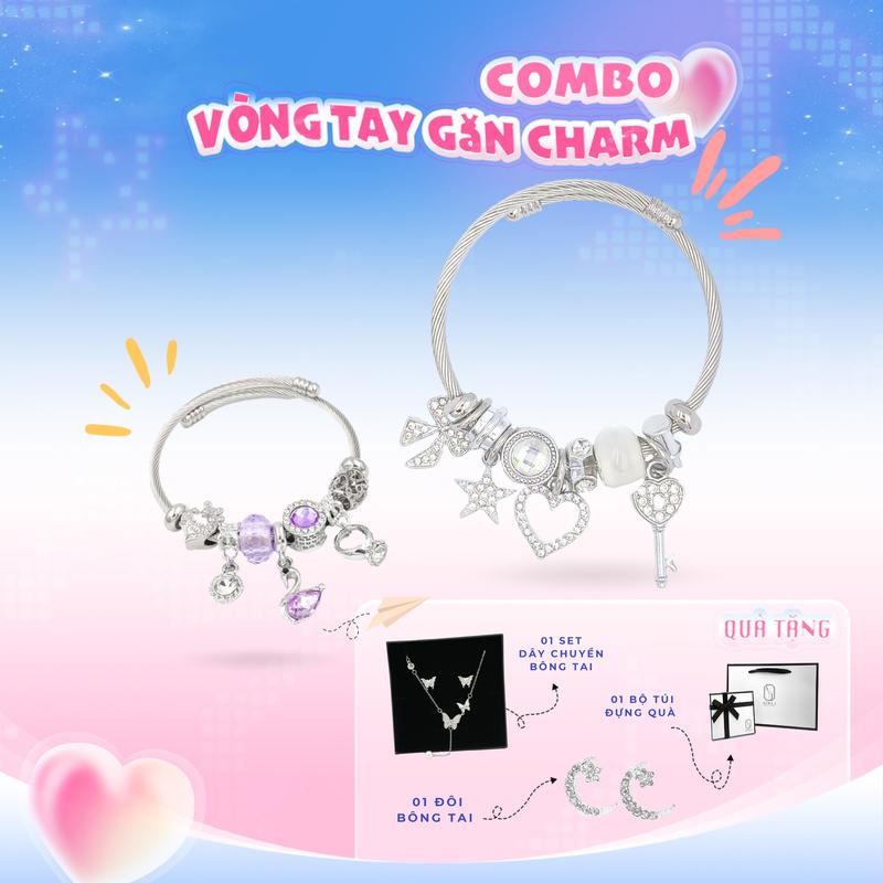 [AURAJ] Vòng Tay Gắn Charm AURAJ Combo 02 Hợp Kim Titan -Theo Mệnh - Tặng Set Dây Chuyền + 2 Bông Tai Titan